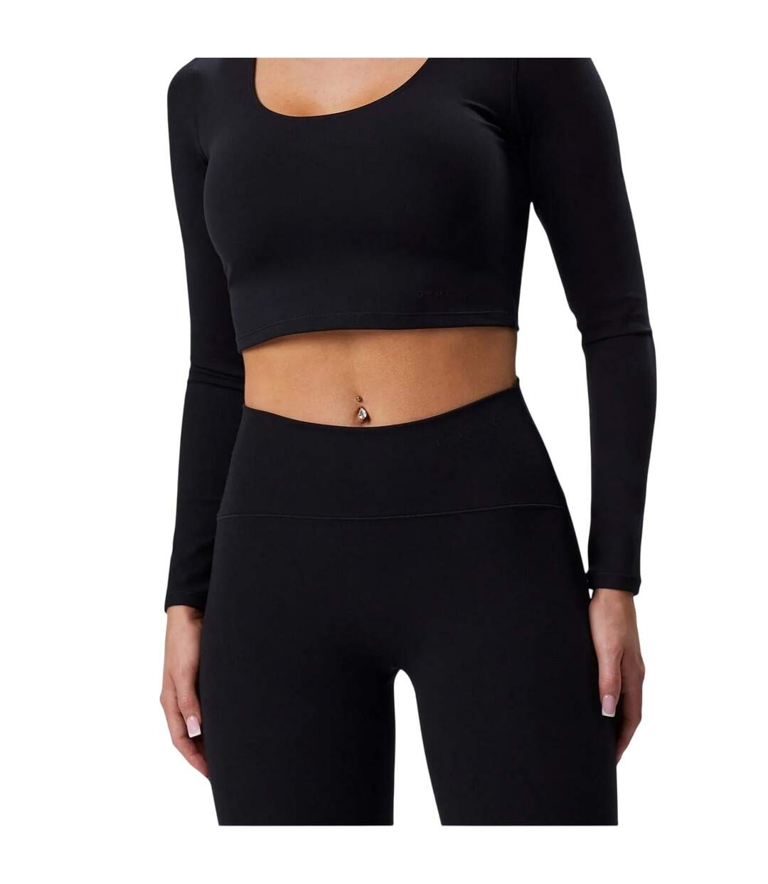 Womens/ladies Luxe Scoop Neck Slim Crop T-shirt Black Gym King-1