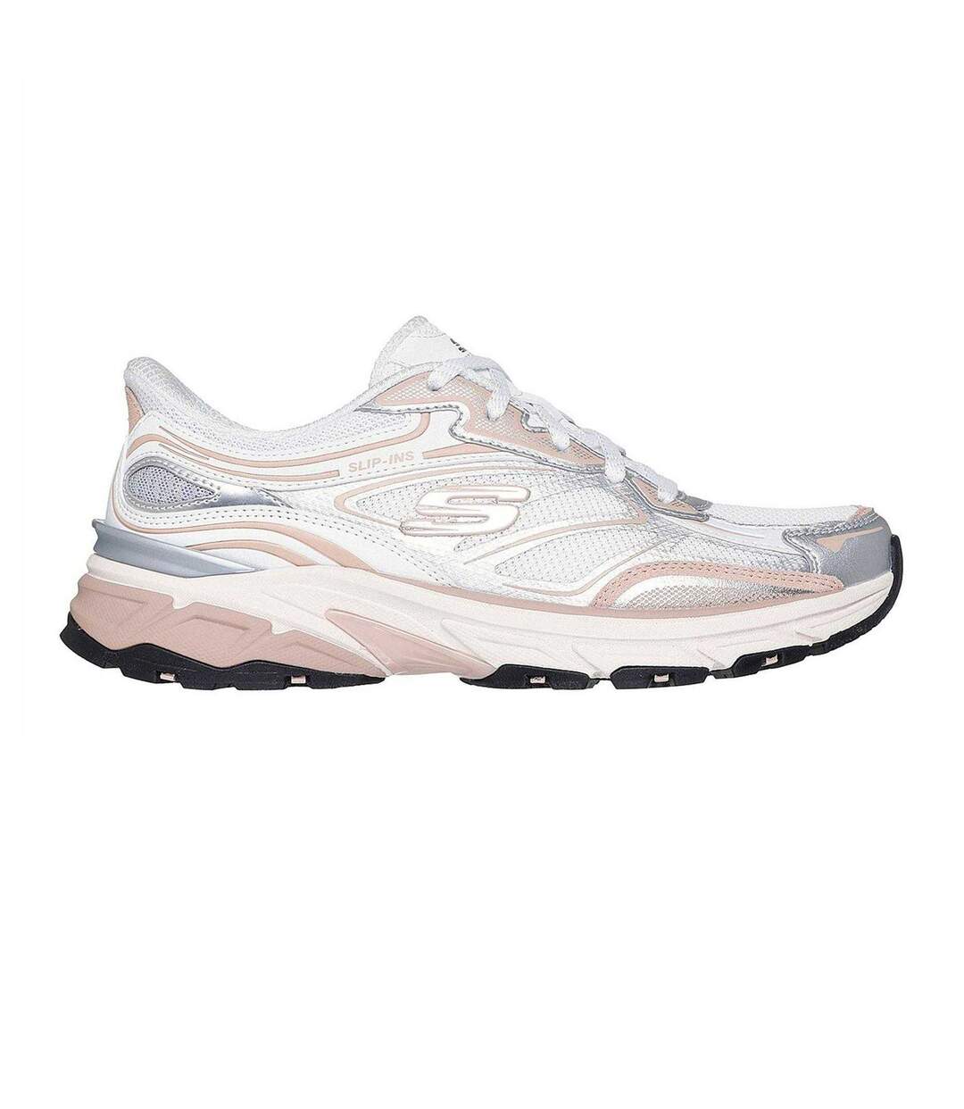 Womens/ladies Stamina Metallic Detail Leather Trainers White Pink Skechers-1