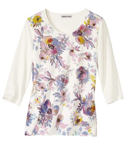 Women's Floral Watercolour T-Shirt with Three-Quarter Sleeves