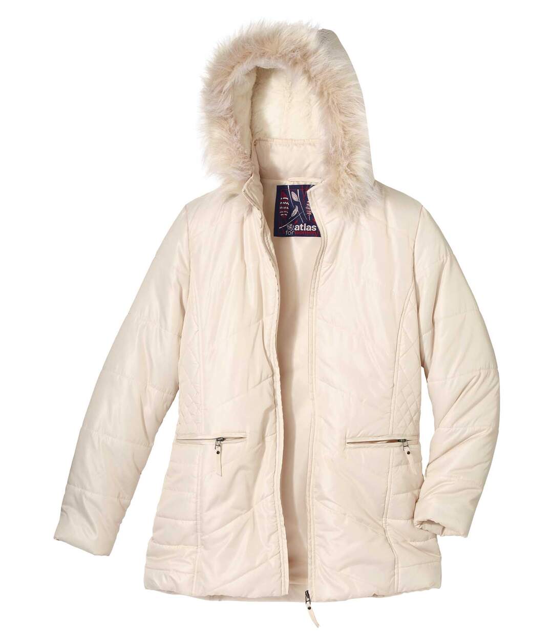 Długa, pikowana kurtka z kapturem z imitacją futerka Atlas For Men