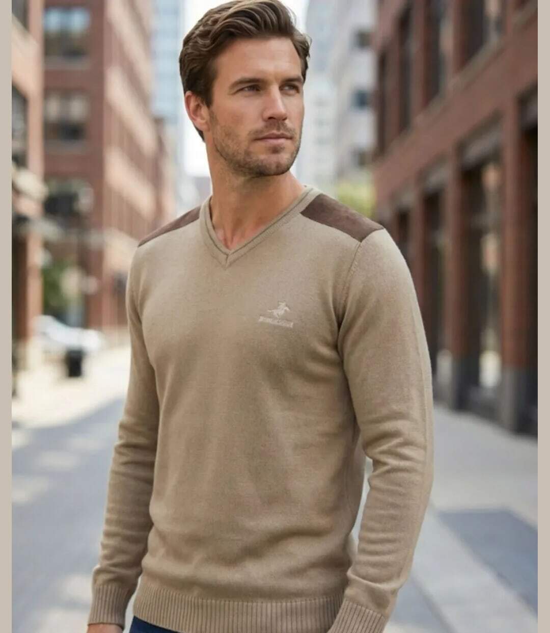 Pull Col V Homme Winchester Panel1 Beige avec Renforts Suédine-1