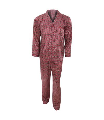 Mens Traditional Patterned Long Sleeve Satin Shirt & Bottoms Pajamas/Nightwear (Red)