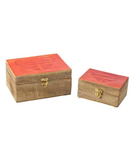 Lot de 2 Boîtes Déco en Bois Cœur 20cm Rouge & Naturel