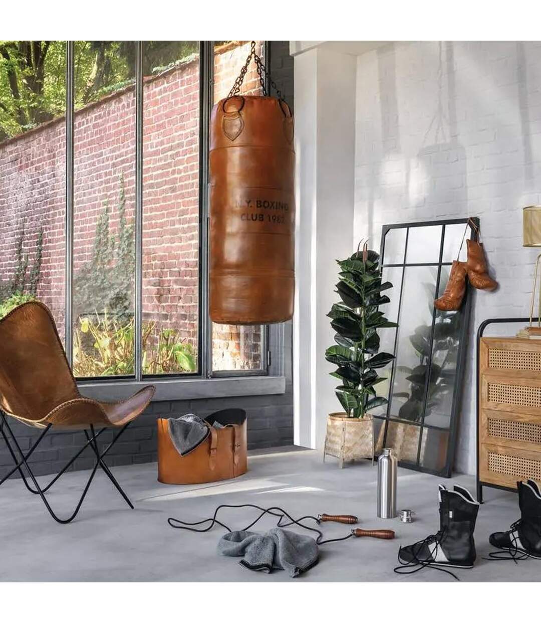 Sac de Boxe en Cuir Déco Loft 100cm Marron-4