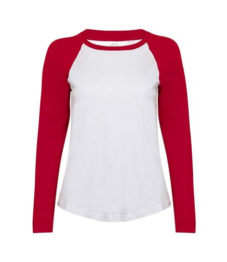 Womens/ladies long-sleeved baseball t-shirt white/hot pink Skinni Fit