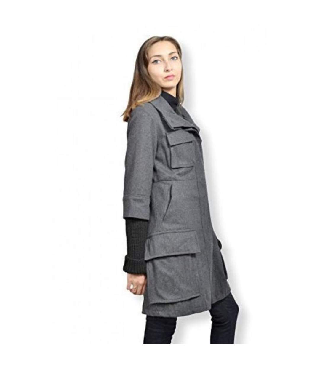 Manteau long femme manches longues en rap de laine de couleur gris-3