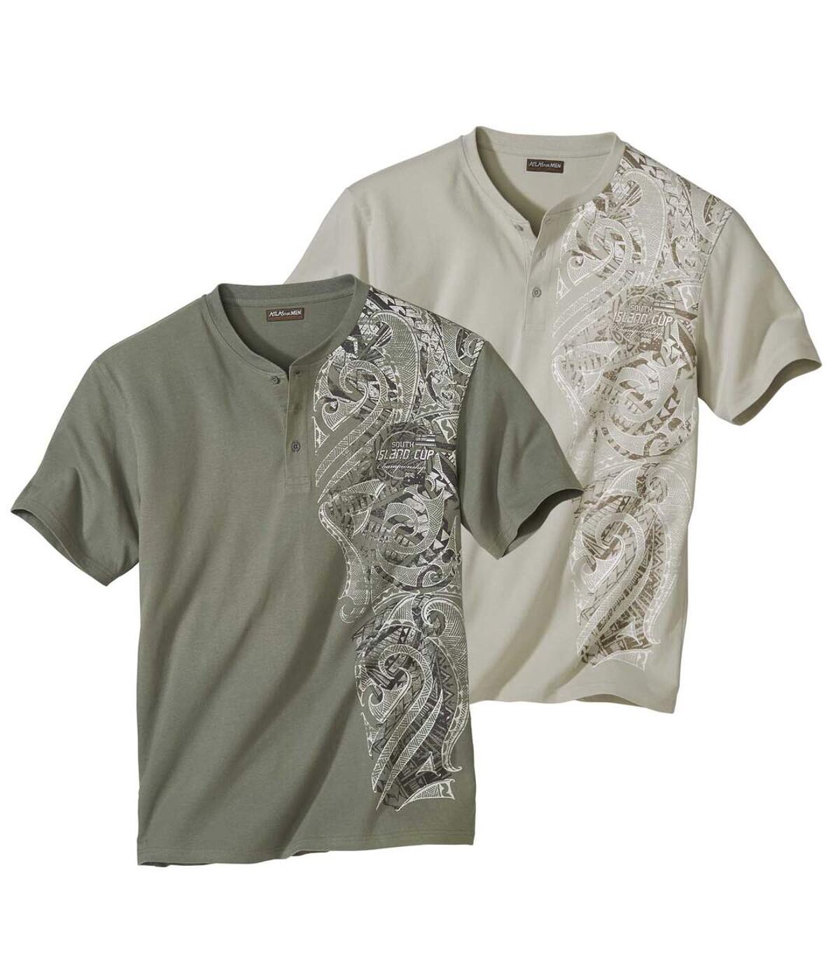 Pack of 2 Men's Button Neck Print T-Shirts - Beige Khaki Atlas For Men