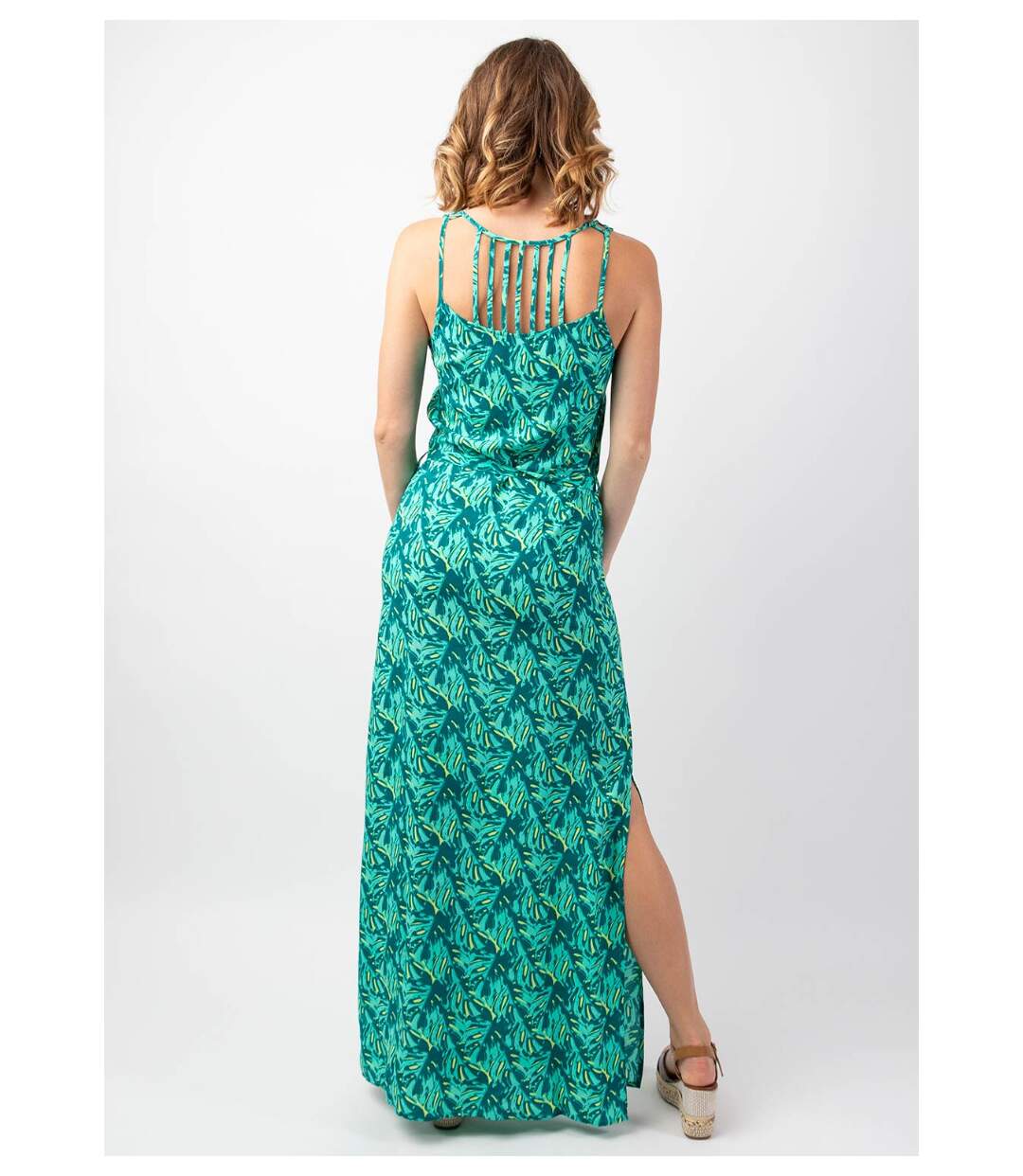 Robe longue fendue LAETITIA imprimé tropical vert Coton Du Monde