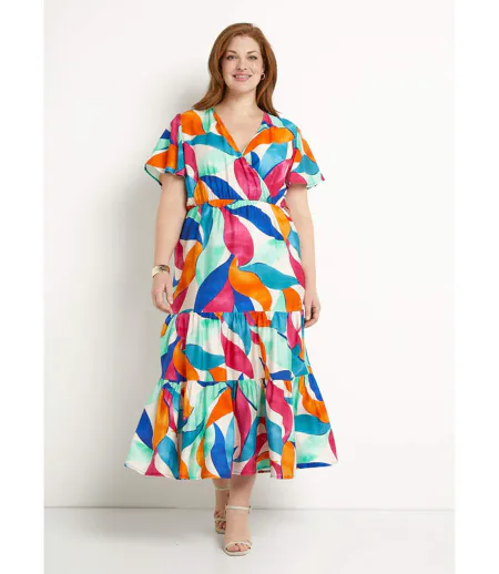 Robe longue cache-coeur volantée manches courtes