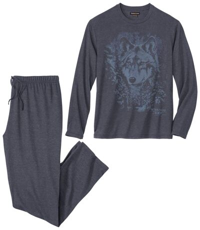 Men's Navy Wolf Print Pajama Short Set 