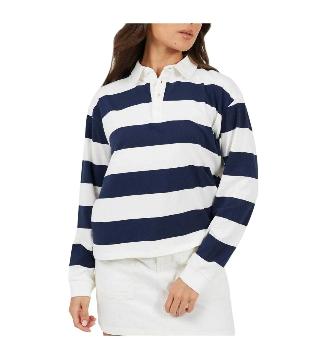 Haut De Rugby Manches Longues Motif/style Rayures Horizontales Femme Bleu Marine Crème Brave Soul-2
