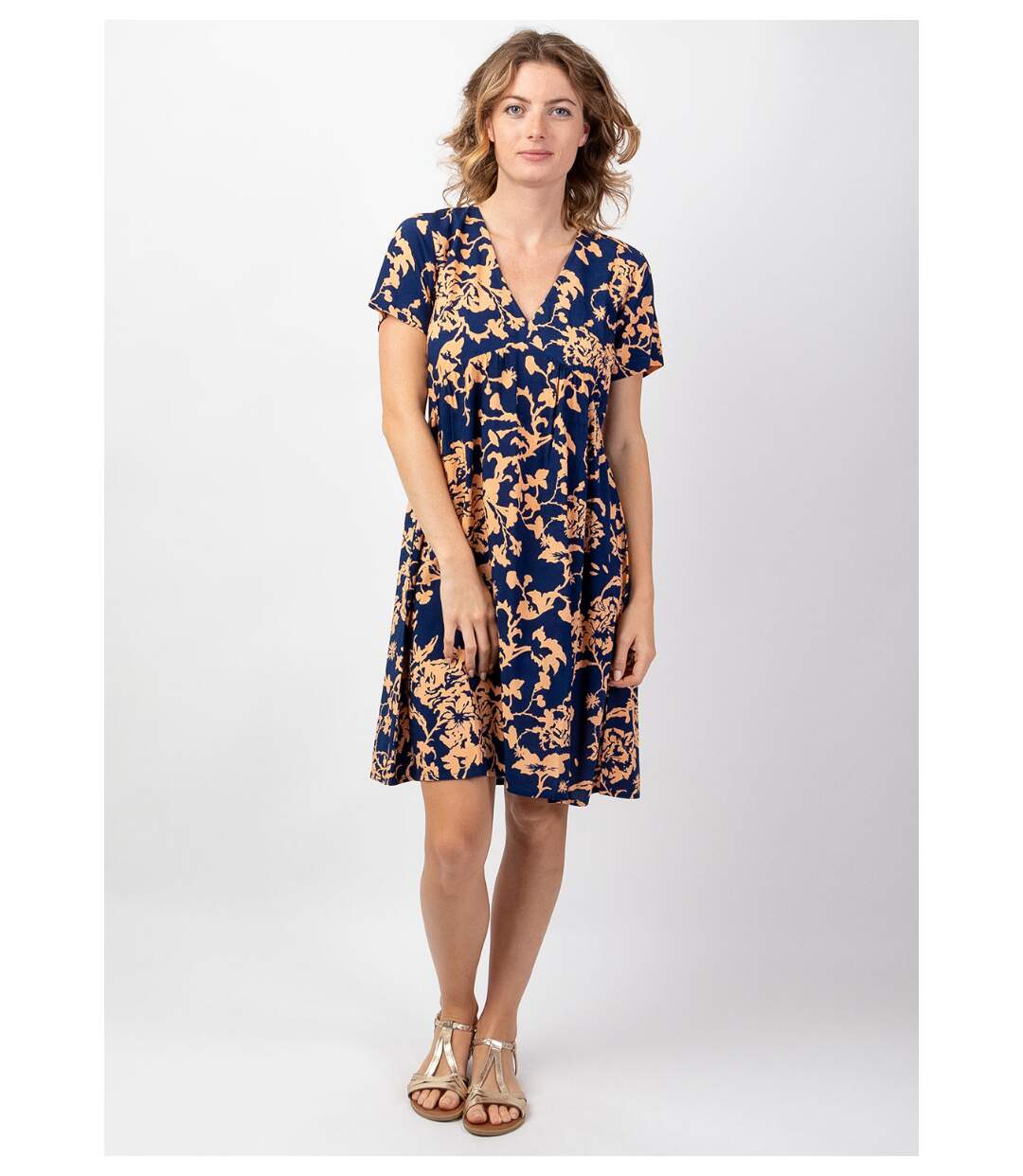 Robe babydoll casual chic MAJA imprimé ethnique bleu Coton Du Monde