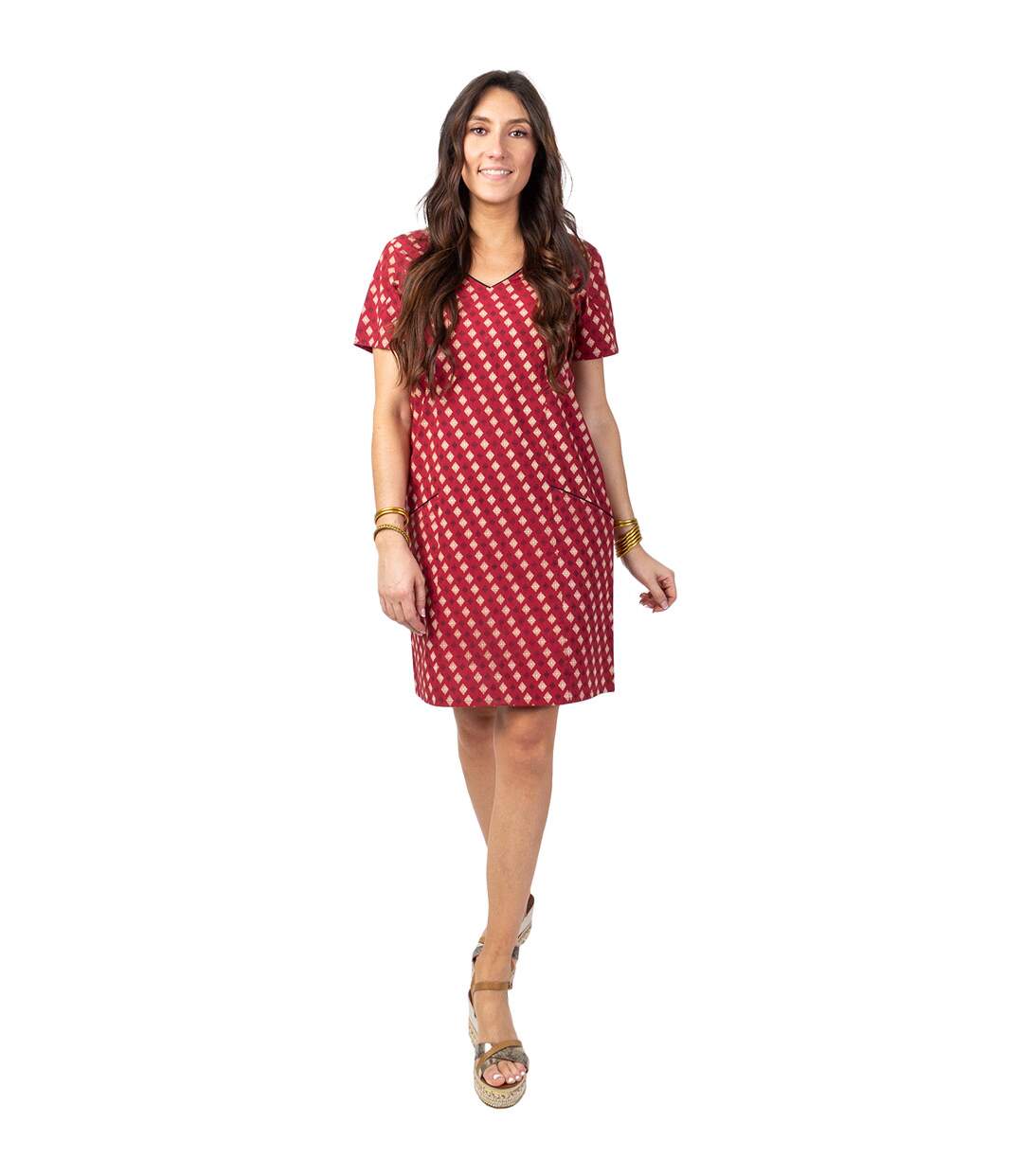 Robe manches courtes en coton CLAUDIA motifs ethniques bordeaux Coton Du Monde