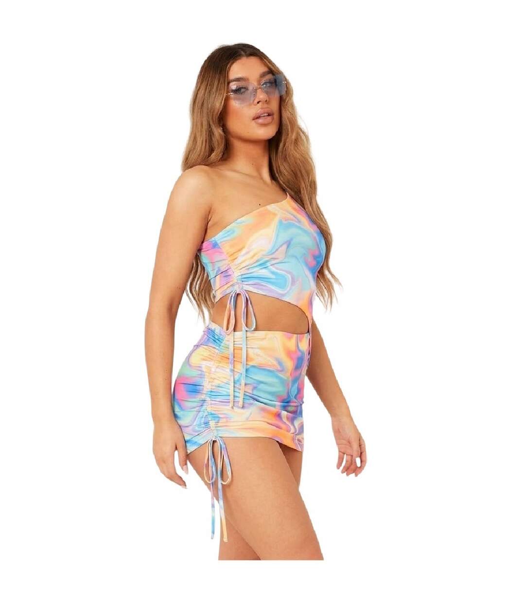 Womens/ladies Abstract One Shoulder Top & Skirt Set Multicoloured Missy Empire-2