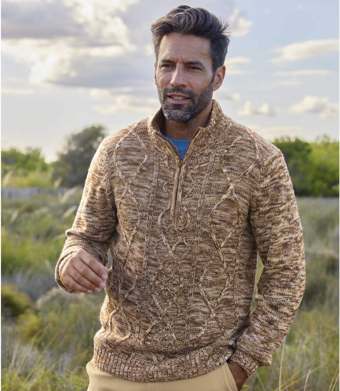 Trykotowy, melanżowy sweter z wykładanym kołnierzem  Atlas For Men