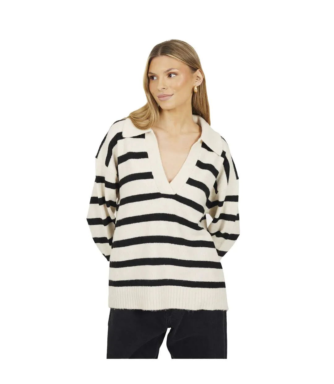 Womens/ladies Striped V Neck Jumper Oatmeal Brave Soul-2