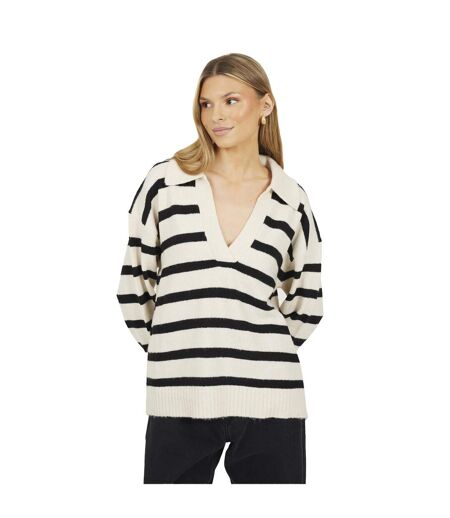 Womens/ladies Striped V Neck Jumper Oatmeal Brave Soul