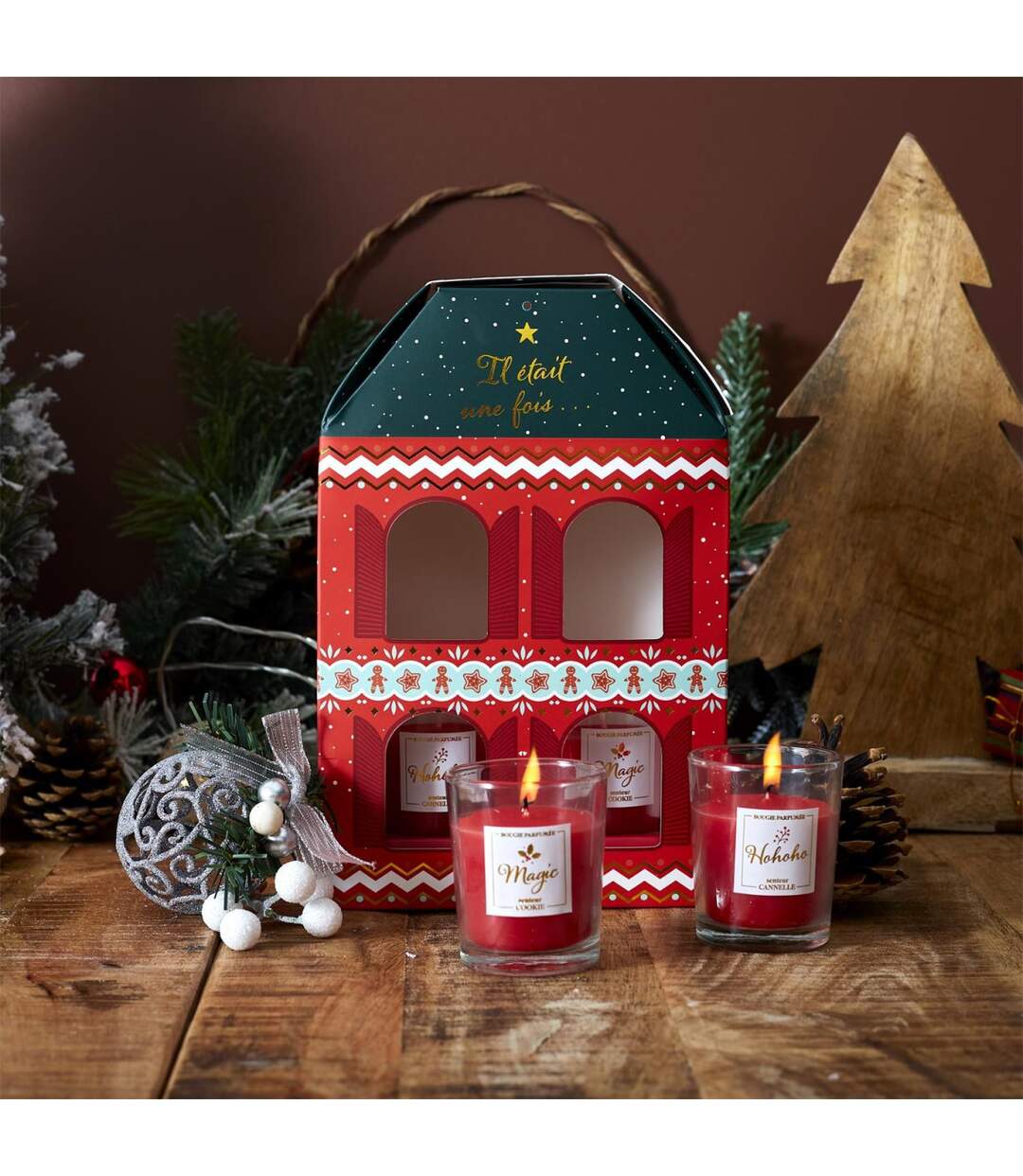 Coffret 4 Bougies Parfumées Maison Noël 18cm Rouge-4