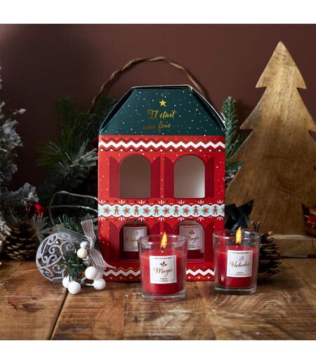 Coffret 4 Bougies Parfumées Maison Noël 18cm Rouge