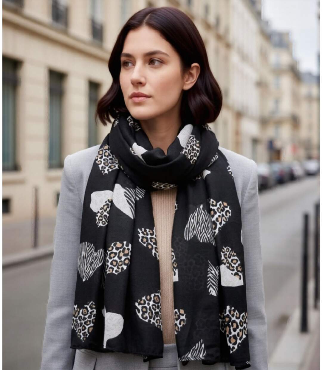 Foulard léger coeur léopard pour femme - Couleur noir-3