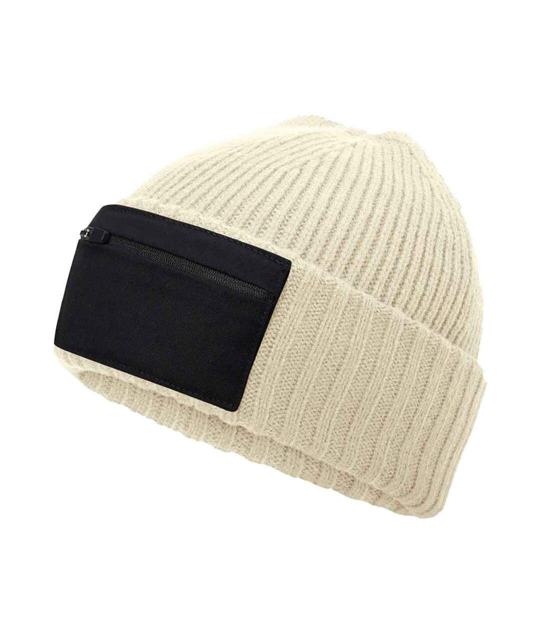 Unisex adult zip patch beanie sand/black Beechfield-2