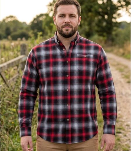 CHALLENGER TRADITION3 — Chemise à carreaux manches longues rouge et gris : l'aisance du tissu extensible