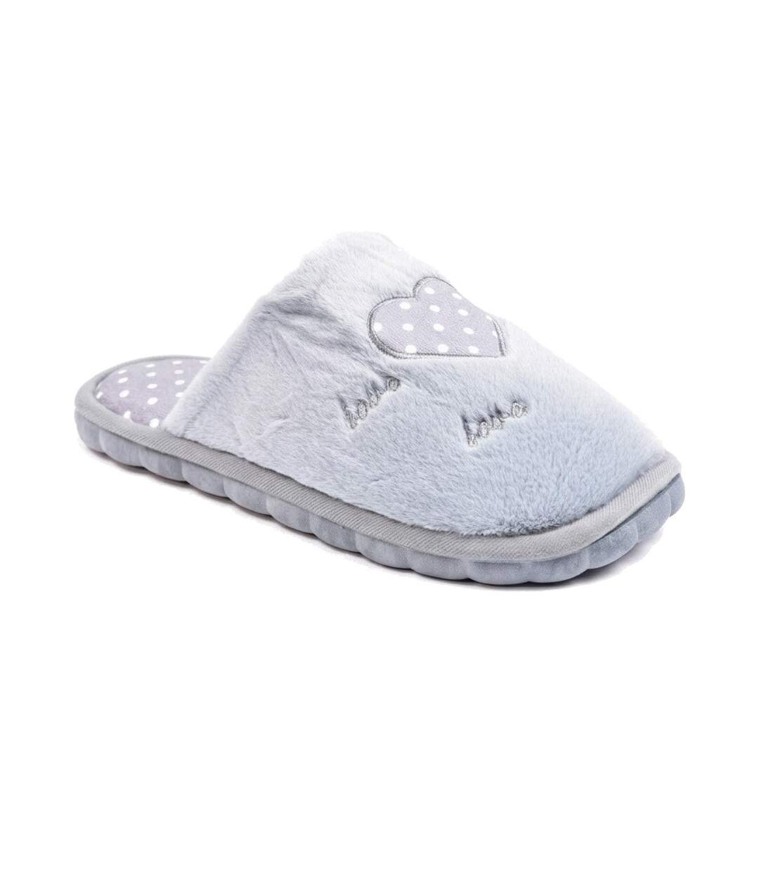 OZABI Pantoufles Ouvertes Femme, Fausse Fourrure, Cœur à Pois Brodé Love-1