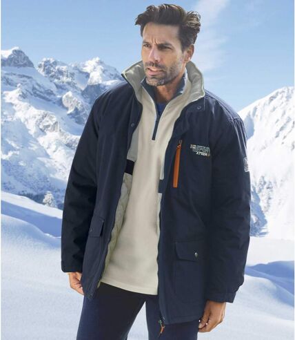 Men's Atlas For Men® Navy & Grey Water-Repellent Parka Coat - Foldaway Hood - Full Zip