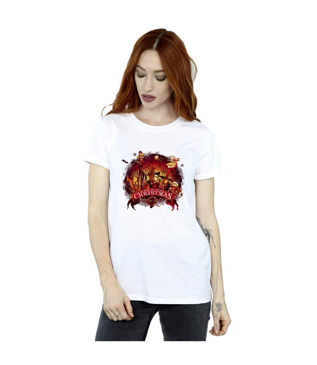 Disney Womens/Ladies The Nightmare Before Christmas Scary Christmas Cotton Boyfriend T-Shirt (Blanc) - UTBI41766-2