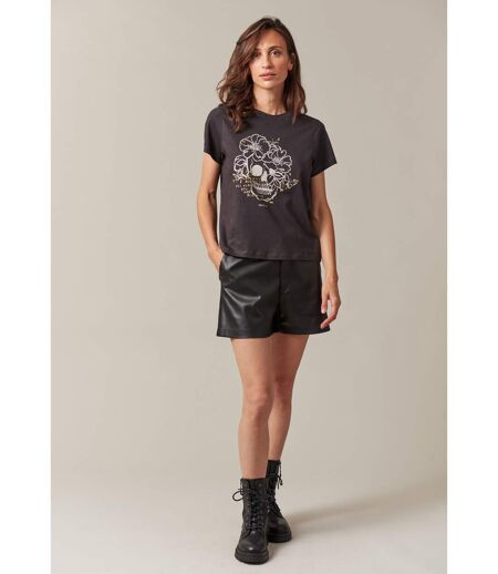 T-shirt manches courtes femme avec motif crâne et fleurs WONDERSKULL