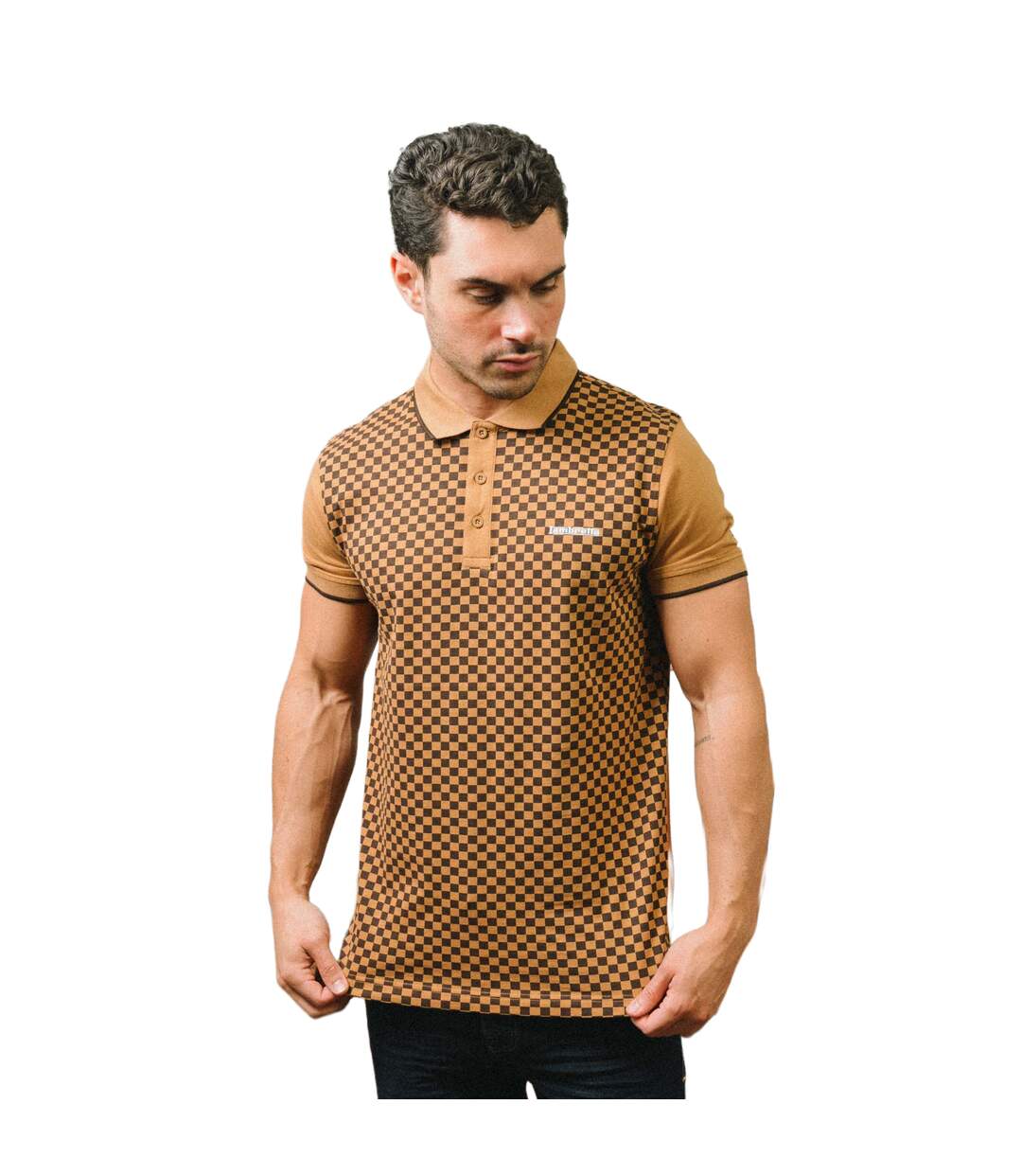 Mens Two Tone All-over Print Polo Shirt Tobacco Lambretta-1