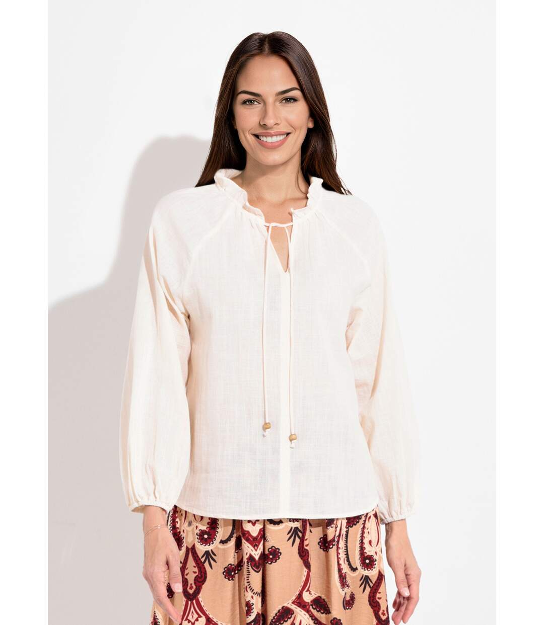 Blouse ample col V fantaisie lien à nouer-1