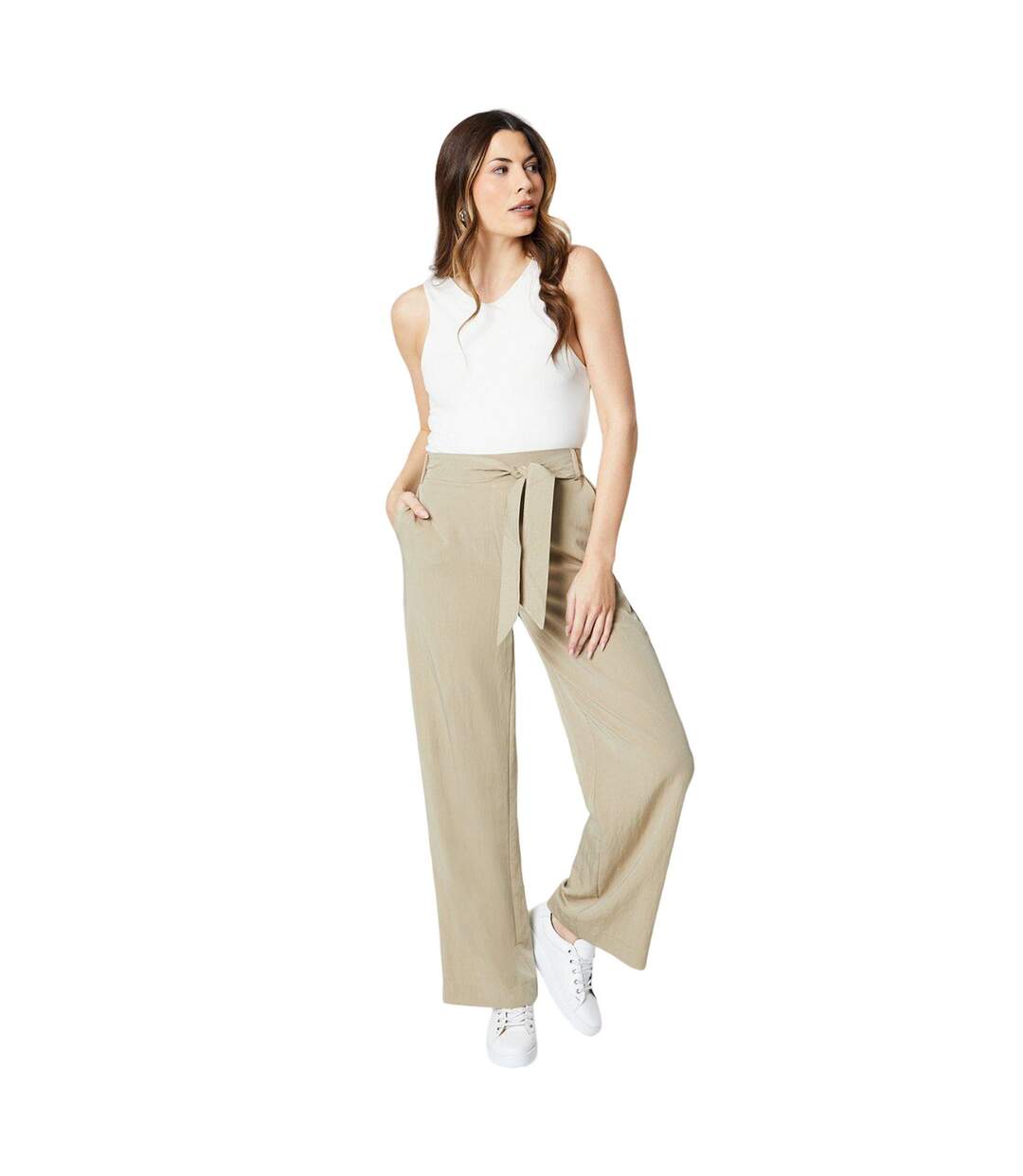 Womens/ladies stitched belt wide leg trousers stone Principles