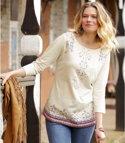 Women's Aztec Print Top with Three-Quarter Length Sleeves