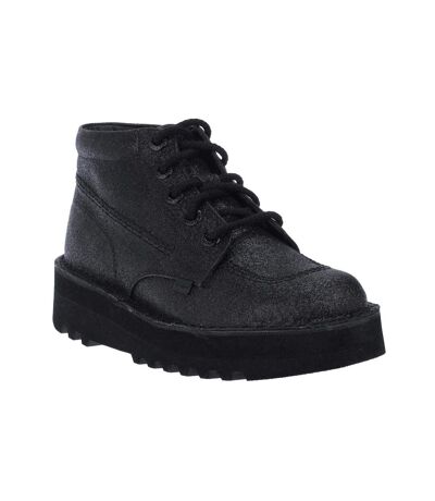 Womens/ladies Kick Hi Glitter Leather Stack Heel Boots Black Kickers