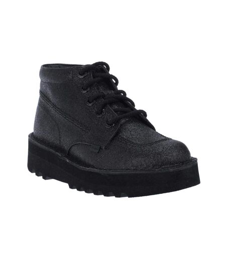 Womens/ladies Kick Hi Glitter Leather Stack Heel Boots Black Kickers