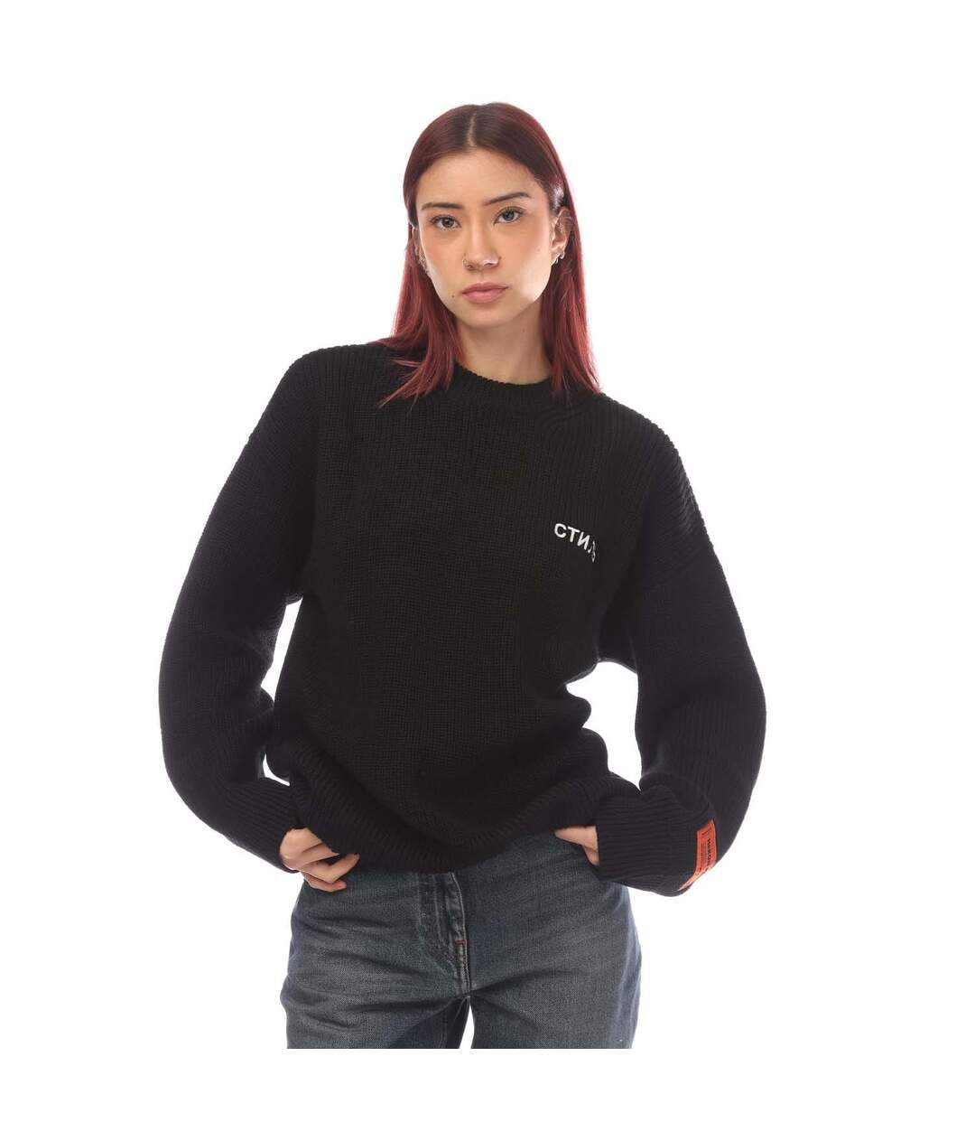 Womens/ladies Ctnmb Knitted Crew Neck Oversized Sweatshirt Black White Heron Preston-1