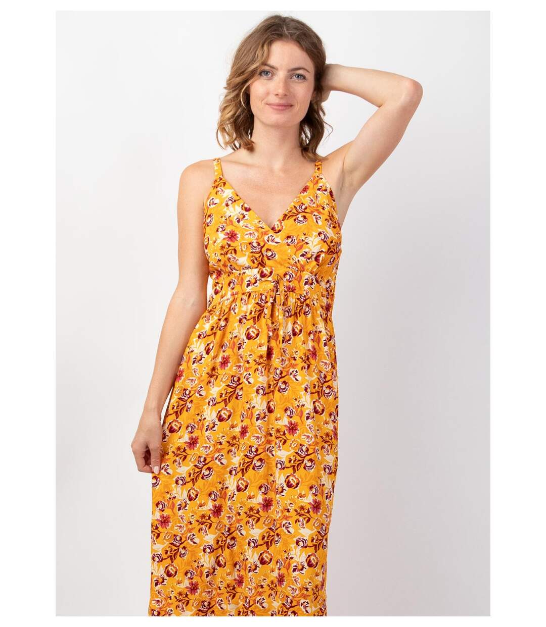 Robe longue femme été fluide GLORIA imprimé fleurs sur fond jaune Coton Du Monde-2