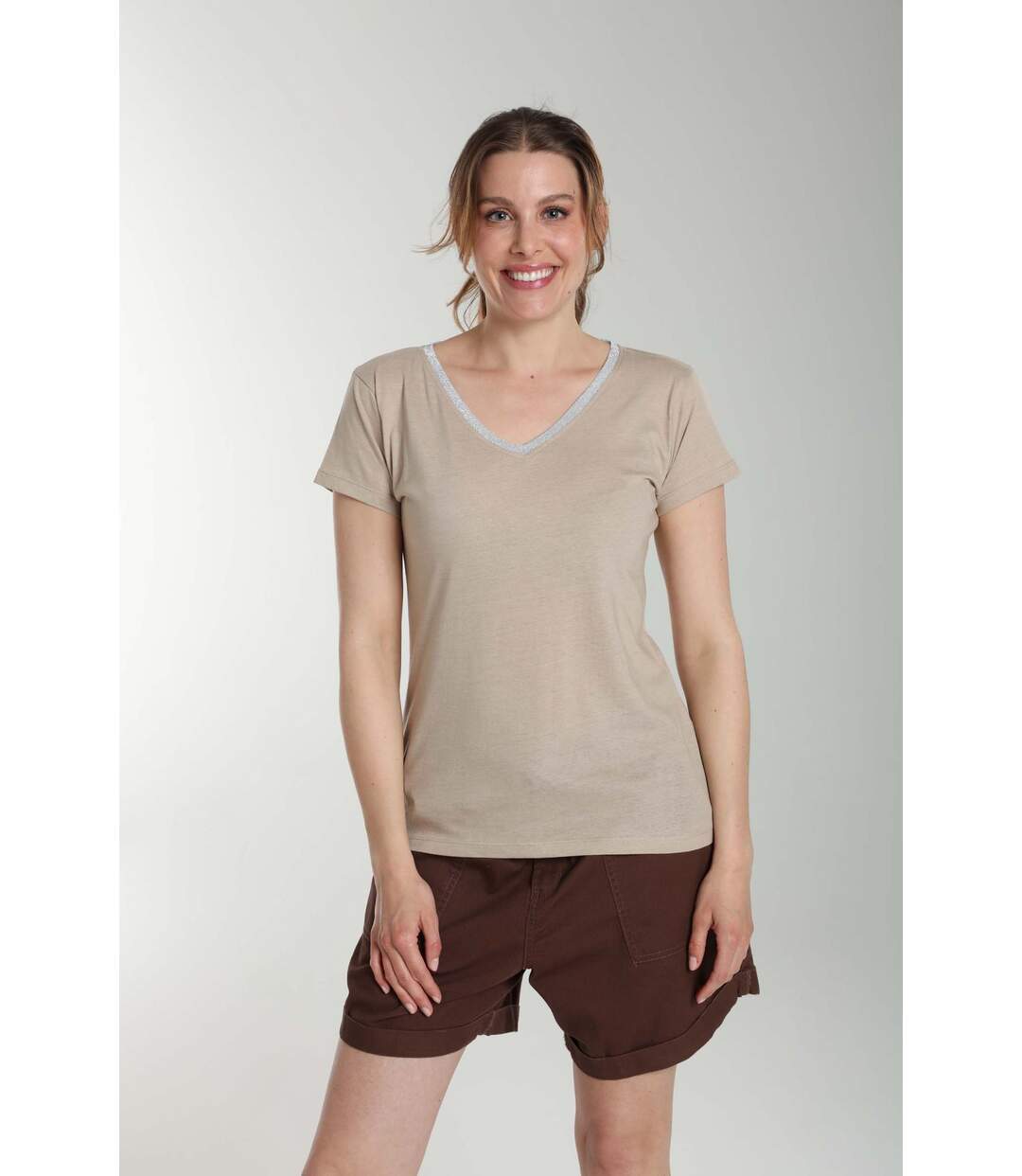 Tee shirt col v lurex manches courtes femme Tee Sun Taupe Clair | Gerard Pasquier-1