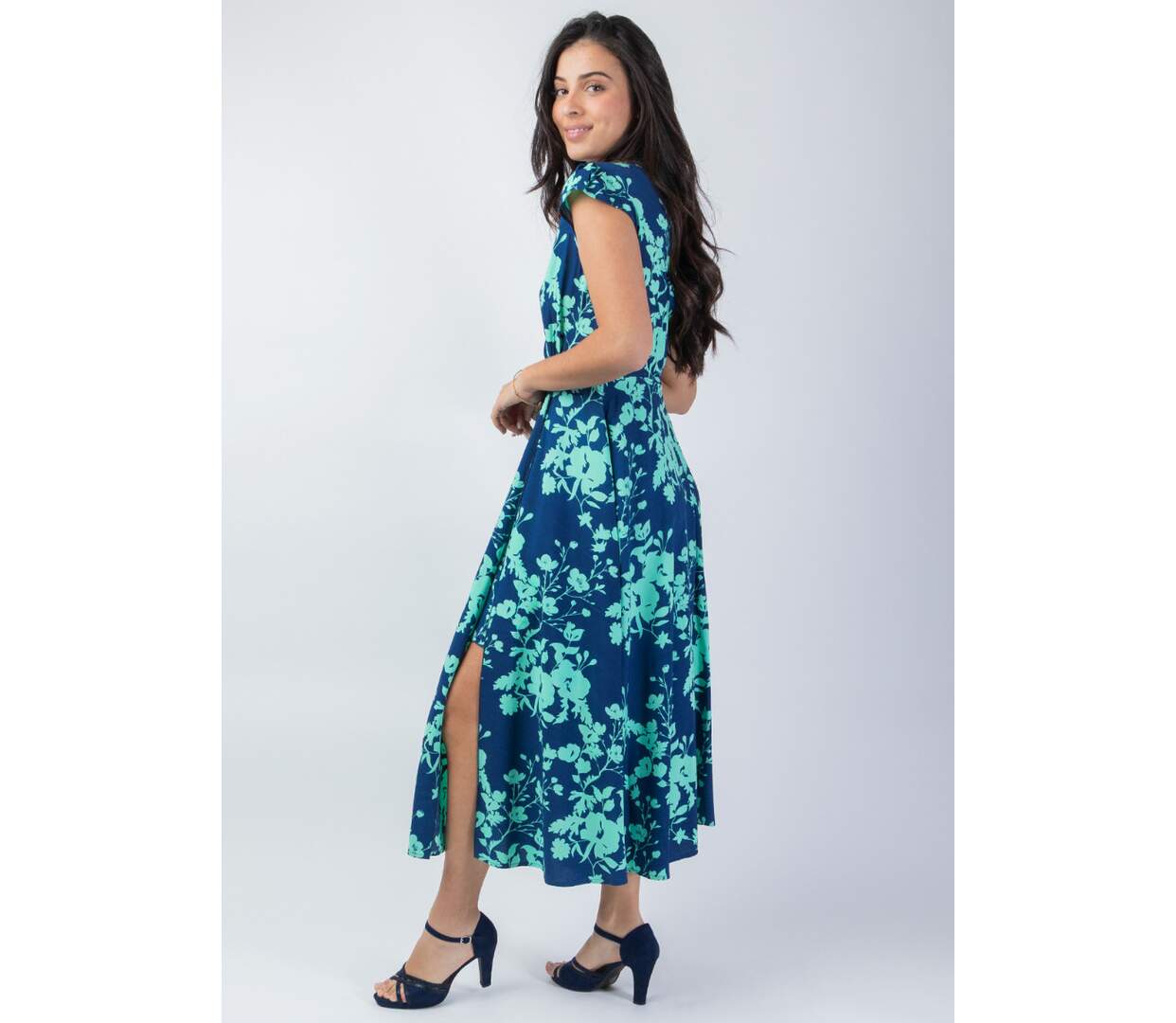 Robe mi-longue LOLITA motif floral turquoise Coton Du Monde-4