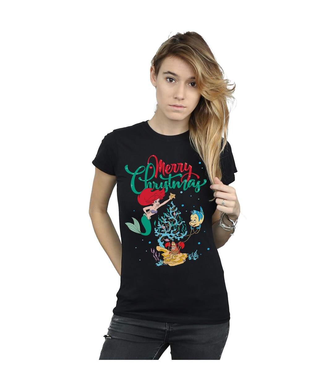 Disney T-shirt en coton Femmes/Dames Princesse Ariel Joyeux Noël (Noir) - UTBI48203-2