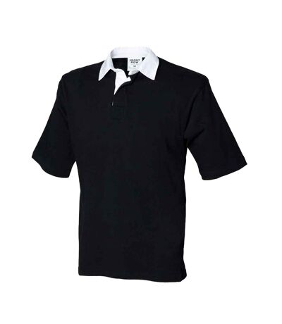 Mens heavyweight short-sleeved rugby polo shirt black Front Row