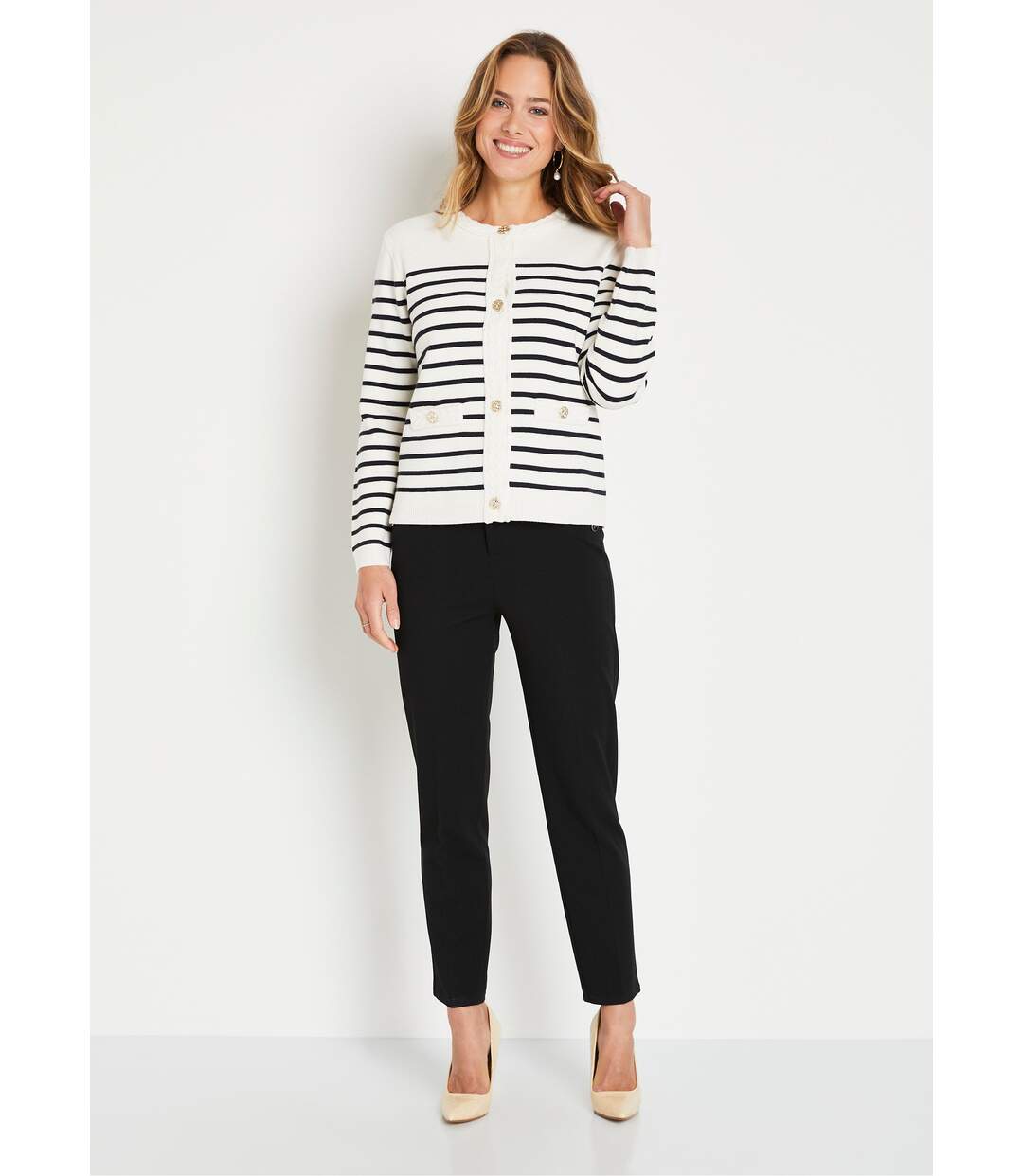 Gilet cardigan rayé court boutonné col rond-3