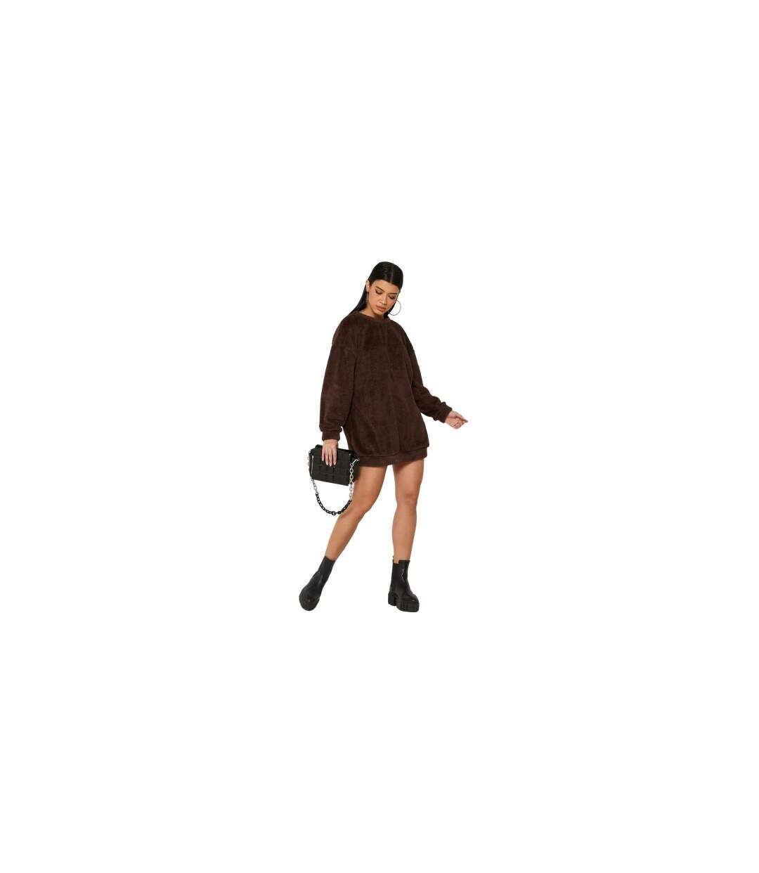 Womens/ladies Borg Jumper Dress Chocolate Missy Empire-1