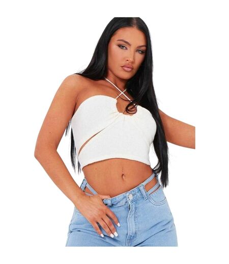 Womens/ladies Crossover Ribbed Fitted Crop Top Cream Missy Empire