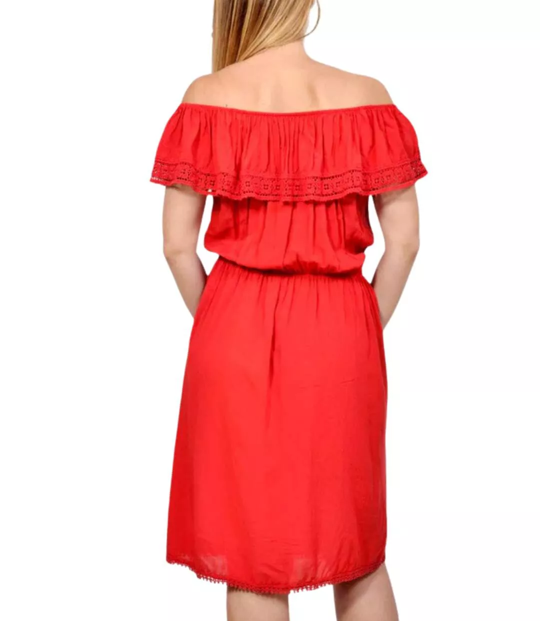 Robe été Femme Sans Manches Rouge avec Volants, Longueur Genou - Col Rond - élégance Décontractée-2