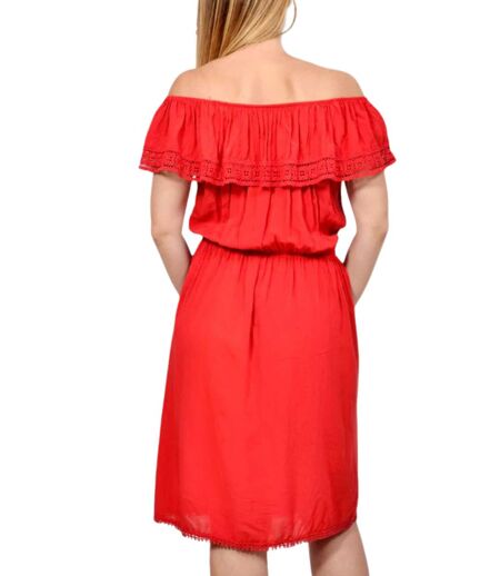 Robe été Femme Sans Manches Rouge avec Volants, Longueur Genou - Col Rond - élégance Décontractée