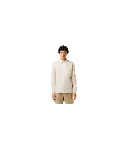 Mens Striped Linen Regular Button-down Shirt White Lacoste
