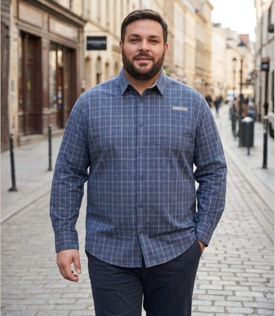 CHALLENGER CH2010 — Chemise à carreaux manches longues gris et bleu : confort en pur coton twill et aisance quotidienne-5