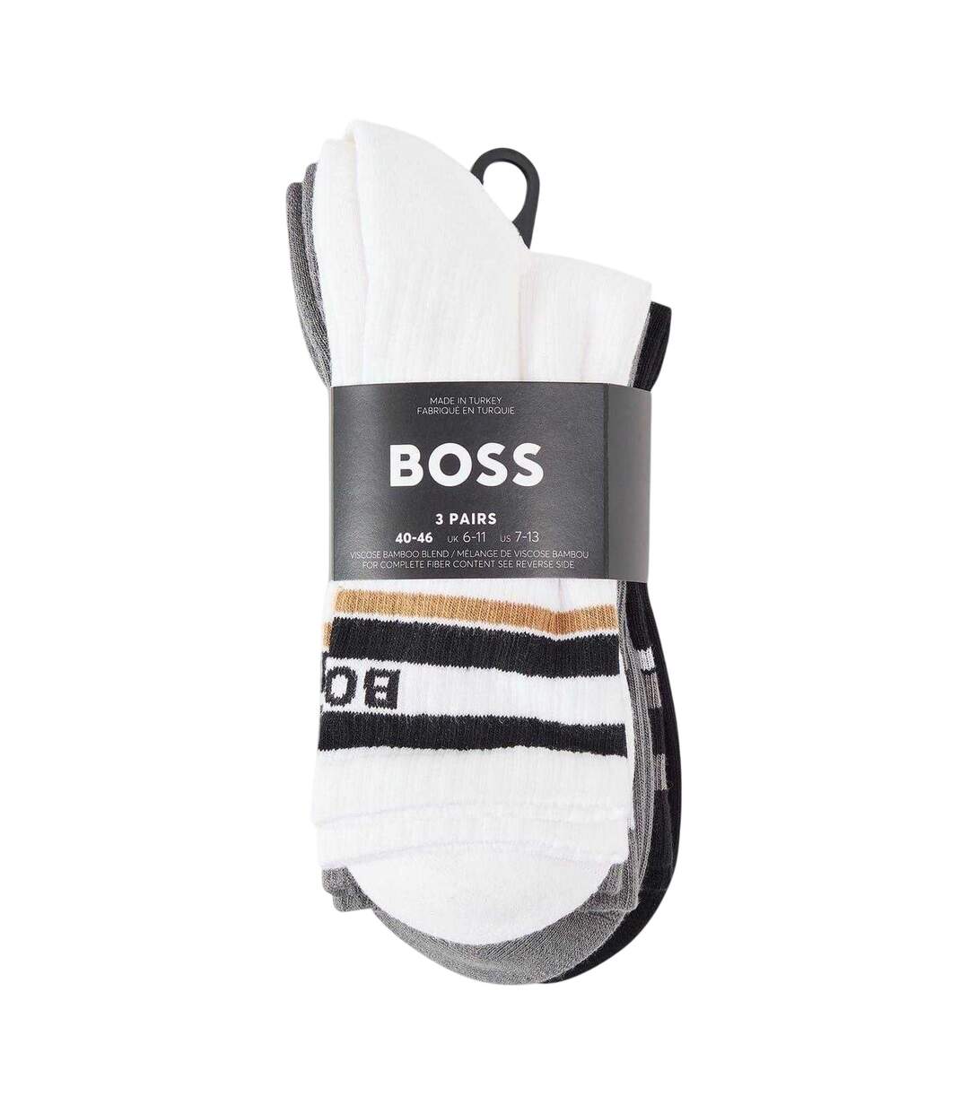 Pack Of 3  Mens Contrast Striped Crew Socks  Black Grey White Boss-2